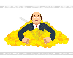 Businessman and pile of gold. Lucky and lot of - vector image