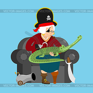 Grandmother pirate. Old buccaneer and crocodile. - vector clip art