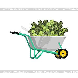 Wheelbarrow and money. Cash in garden trolley. - vector clip art