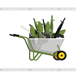 Wheelbarrow and weapons. ammunition in garden - color vector clipart