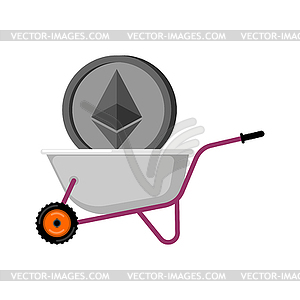 Wheelbarrow and Ethereum. Cryptocurrency in garden - royalty-free vector clipart