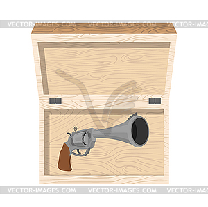 Vintage gun in wooden box. Premium retro weapons. - vector image