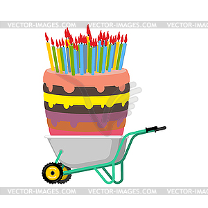 Wheelbarrow and big birthday cake. large Pie in - color vector clipart