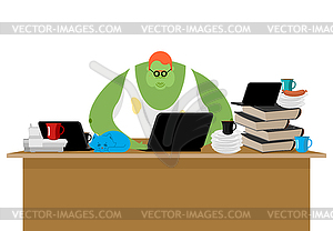 Internet trol. Big green monster and laptop - vector clip art