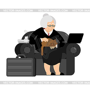 Old businesswoman. Business grandmother. Laptop - vector image