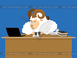 Ram boss. sheep businessman at desk. Farm office. - vector image