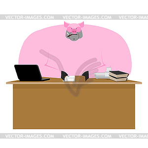 Pig boss. Piglet businessman at desk. Farm office. - vector image