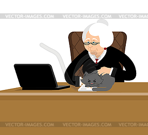 Old businesswoman. Business grandmother. Laptop - vector image