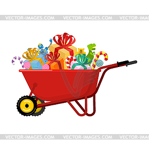 Santa Claus Wheelbarrow and gifts. Xmas grounds - vector clip art