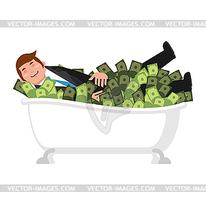 Happy businessman bath in money. ba of cash. lucky - vector clipart