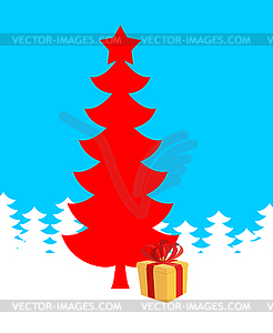 Red Christmas tree and gift. new year. Xm - vector image