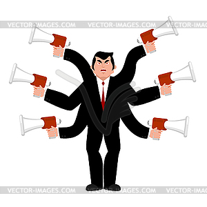 Boss and megaphone. Businessman and lots of hands. - vector clipart