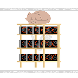 Mining farm and cat. Home pet sleeps on Mining - stock vector clipart