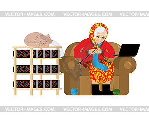 Mining in Russian. grandmother and mining farm. - vector image