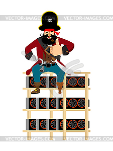 Mining farm and pirate. filibuster on Mining rig. - vector image