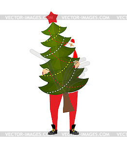 Santa carry big Christmas tree. Claus and huge - vector image