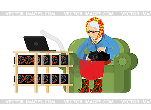 Mining in Russian. grandmother and mining farm. - vector image