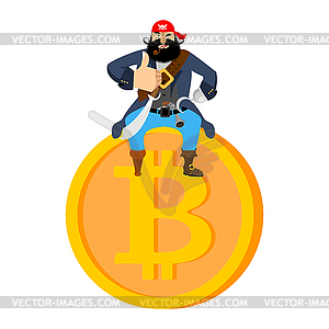 Bitcoin and pirate. filibuster on web coin. - vector clipart