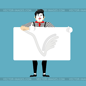 Mime holding banner blank. pantomime and white - vector clipart