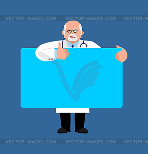 Doctor holding banner blank. Physician and white - vector image