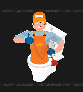 Plumber and toilet. Cleaning and maintenance of - vector image