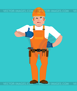 Builder thumbs up. Worker in protective helmet wink - vector clipart