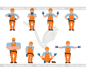 Builder set poses and motion. Worker in protective - vector clip art