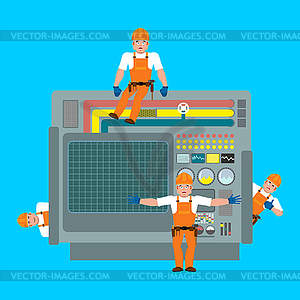 Worwer and Industrial machinery. Repair team. - vector image