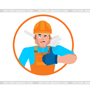 Builder thumbs up. Worker in protective helmet wink - vector EPS clipart