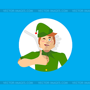 Elf Santa helper thumbs up and winks emoji. New Yea - vector image