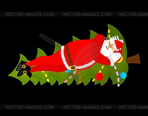 Santa Claus Sleep on Christmas tree. Sleeping - vector clip art