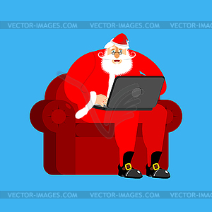 Santa Claus on chair working in laptop. Christmas - vector clip art