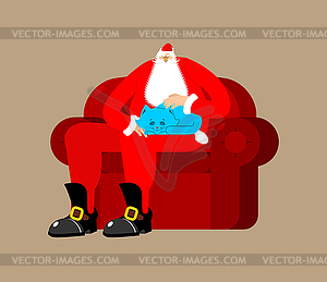 Санта-Клаус на стуле, гладя кошку. Рождество и Не - иллюстрация в векторном формате