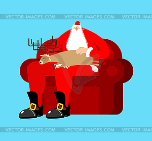 Santa Claus on chair stroking deer sleep. - vector clipart
