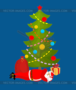 Santa Claus Sleeping under Christmas tree. - vector clipart