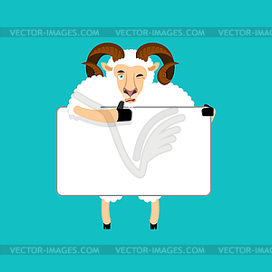 Ram holding banner blank. Sheep and white blank. - vector clipart