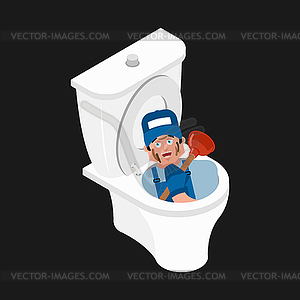 Plumber in toilet and plunger. Service of WC. - vector clipart