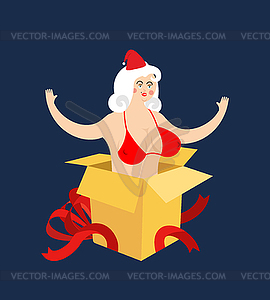 Santa girl of open gift box. Congratulations and - vector image