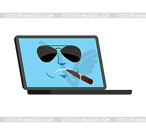 Laptop Cool serious emoji face avatar. Computer - vector image