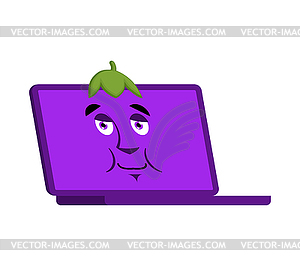 Laptop Eggplant emoji face avatar. Computer - vector image