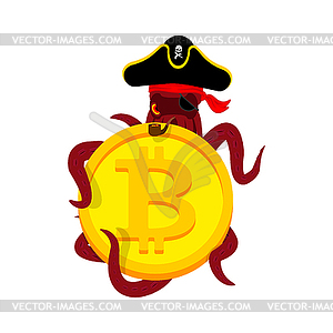 Octopus Web Pirate and bitcoin. Hacker. Thief and - royalty-free vector clipart