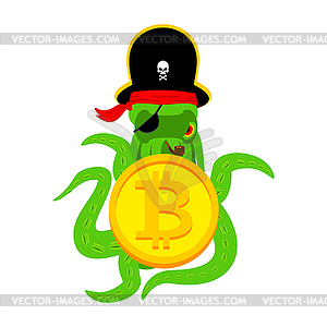 Octopus Web Pirate and bitcoin. Hacker. Thief and - vector clip art