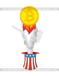 Bitcoin rocket. flies out of hat of Uncle Sam. - vector image