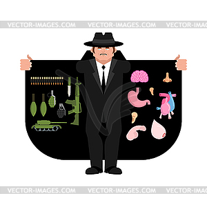 Smuggler selling Weapons and organs. Cloak-seller - vector clip art