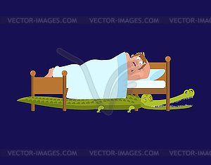 Crocodile under bed. frightened Man sleeps on bed. - vector image