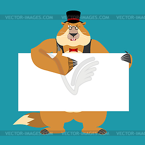 Groundhog day. Groundhog in hat holding banner - vector clip art
