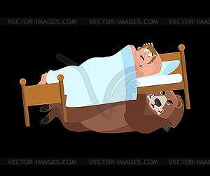 Bear under bed. frightened Man sleeps on bed. - vector image