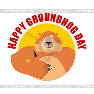 Groundhog day emblem. Groundhog thumbs up and winks - vector image