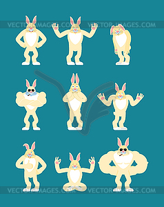 Rabbit set poses and motion. Hare happy and yoga. - vector image