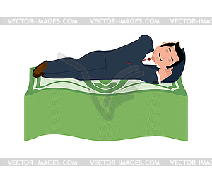 Man is sleeping on dollars. Money Under bed. Wealth - vector clipart / vector image